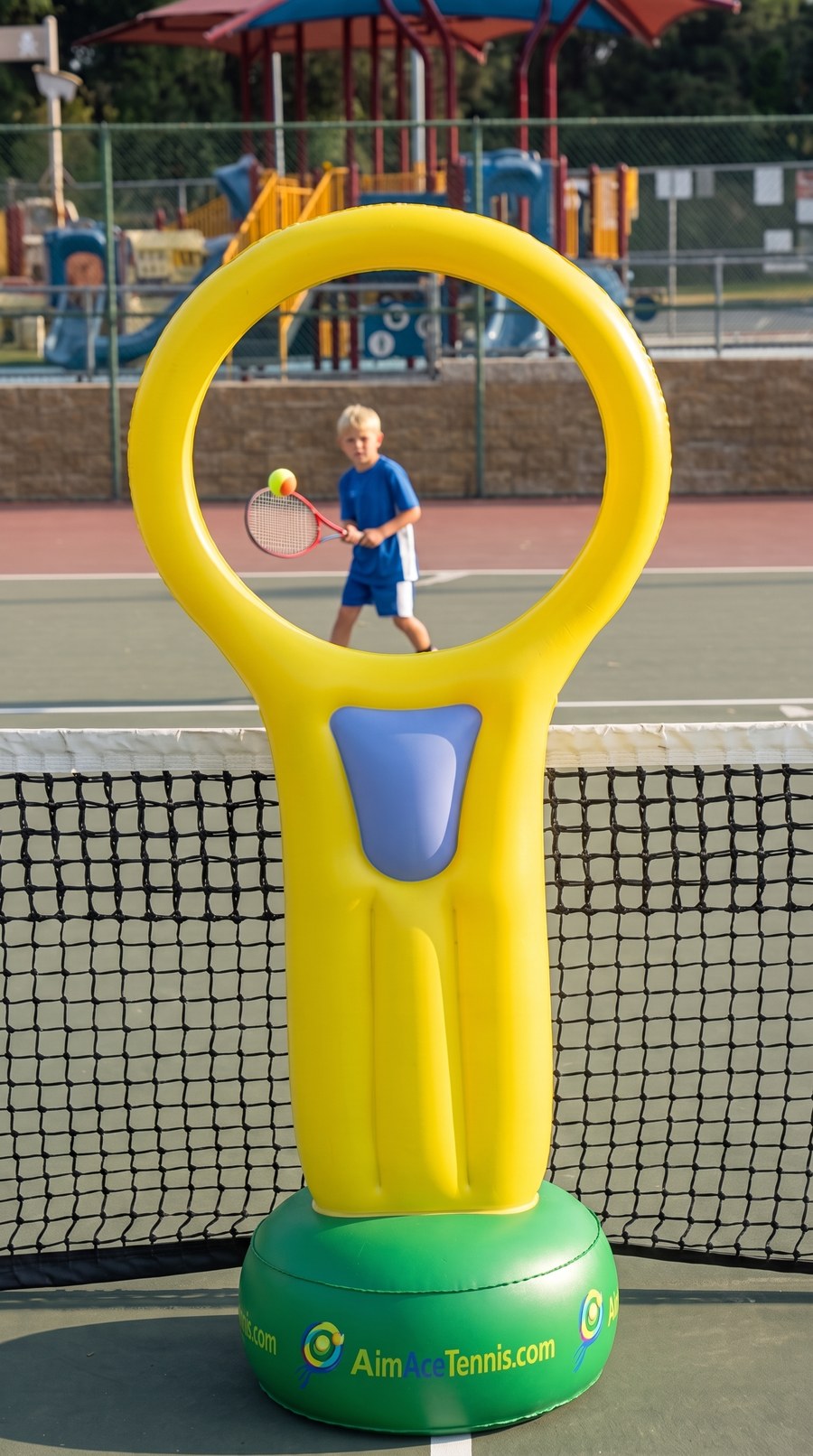 The AimAce inflatable aim target set up over a tennis net, a young player lined up to hit through the ring